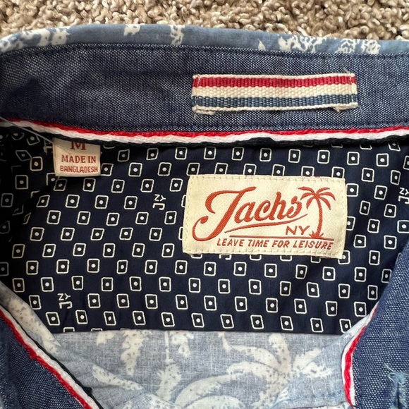 Jachs Blue White Tropical Palm Print Stretch Short Sleeve Button Up Shirt NEW M - Picture 10 of 14